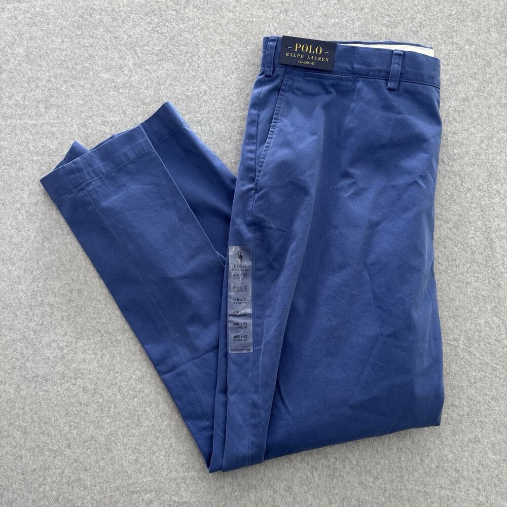 POLO Ralph Lauren Classic Fit Chino Pants Mens 46Bx32 Blue Flat Front Cotton NEW